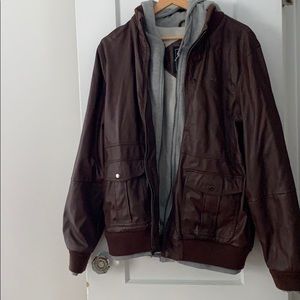 Men’s faux leather Obey jacket with hoodie